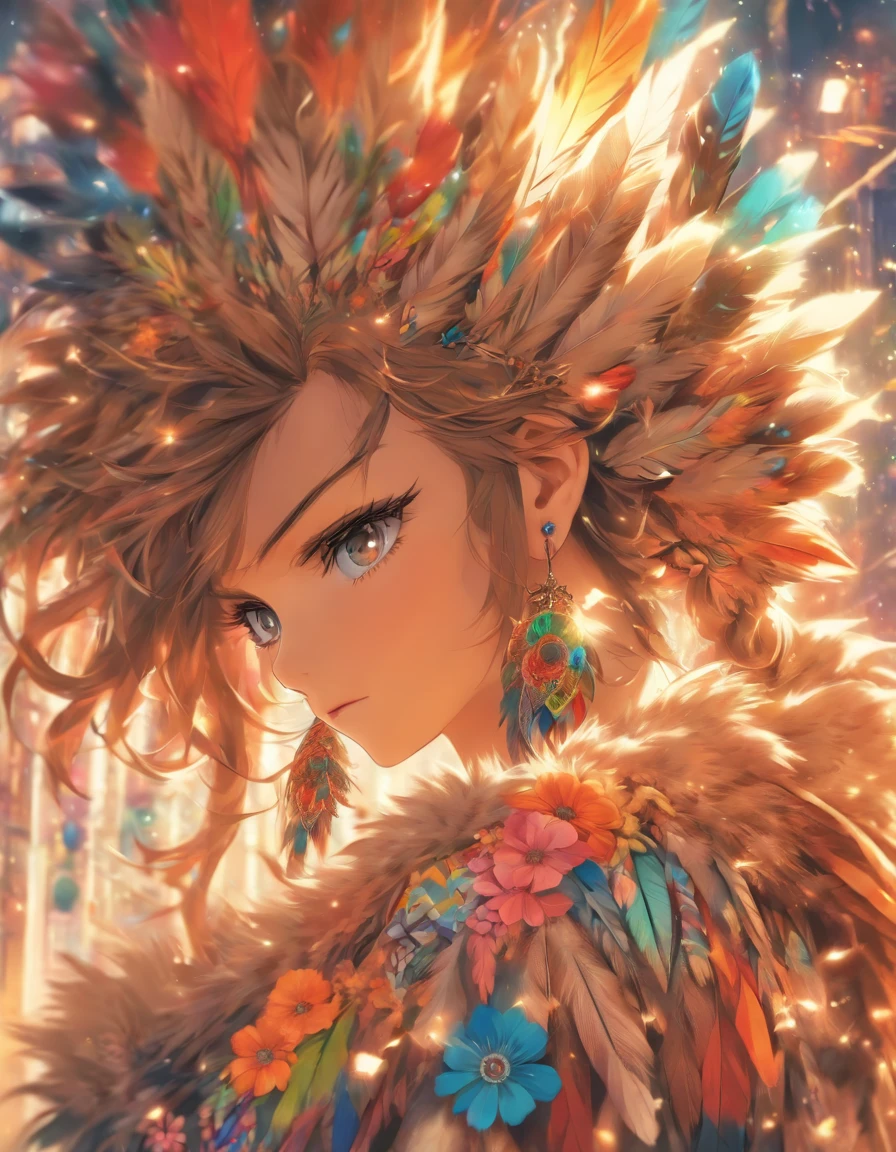 (masterpiece, top quality, Best quality, official art, beautiful and aesthetically pleasing:1.2), (1 girl, mature:1.3, got old:1.3), long hair, braid sidelocks, Extremely detailed,(fractal art:1.1),(colorful:1.4)(flowers:1.3),The most detailed,(zentangle:1.2), (dynamic pose), (abstract background:1.3), (shiny skin), (many colors:1.4),(earrings:1.4), (feathers:1.4), cowboy shot, Highly detailed hands, very detailed hands