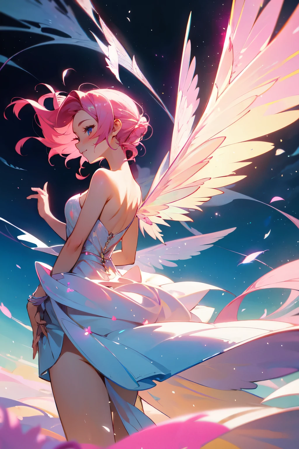 A fairy with pink hair is seen in a back view, her delicate wings spread out behind her. The sun's rays filter through the trees, illuminating her ethereal form. Her pink hair cascades down her back in soft waves, catching the light and shimmering like strands of rose-tinted silk. The fairy's graceful posture exudes an air of tranquility, as if she is lost in thought or enjoying the gentle breeze that caresses her face. Her wings, adorned with intricate patterns and iridescent hues, seem to dance in the wind, adding to the magical scene before us.