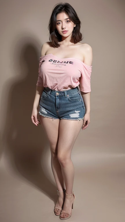 Cool beauty,Looks sweet,bob haistyle, (wearing pink oversize t-shirt, off-shoulders), show clavage, show big thigh, plump body, huge breast, full body photo, standing. Dark background.