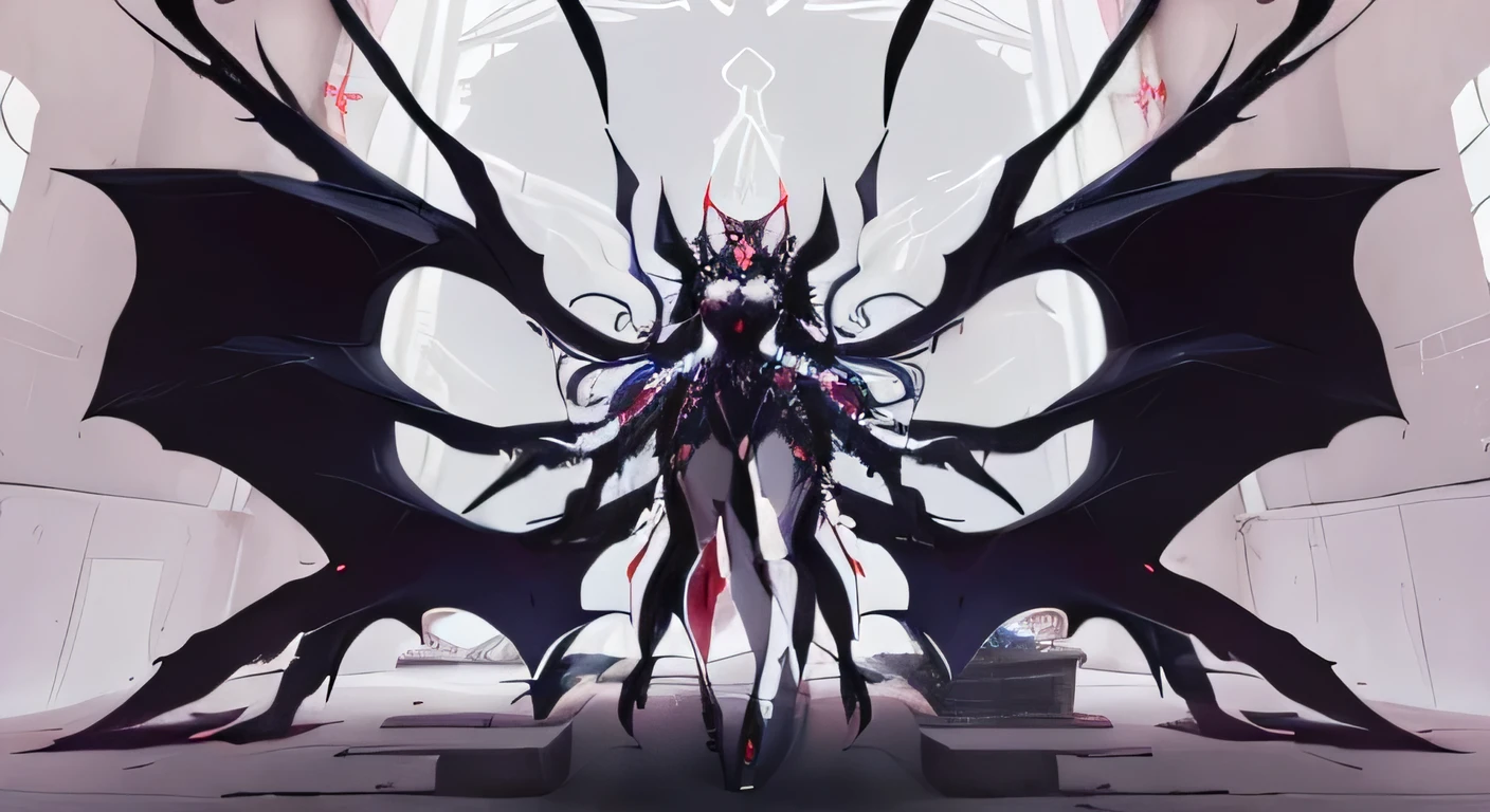 anime style picture of a devil with a red eye and a devil like body, Goddess of Darkness with Six Arms, smile, Symmetric!! Concept Art, Final Boss, depraved cybernetic devil, Albedo from the anime Overlord, Longshot Jorogumo, Succubus, devil anime girl, yandere intricate, devil, queen of darkness