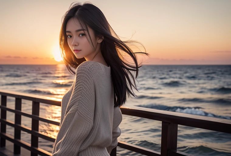 (highest quality,8k,masterpiece:1.3),(超A high resolution,Photorealistic:1.4,RAW shooting),(Ultra-detailed,Caustics,Perfect Anatomy),(Ultra-detailedな背景,Ultra-Realistic Capture,Beautiful and detailed eyes),Stand on the pier above the sea,1 girl,Japanese,20-year-old,cute,Beautiful black hair,Long hair blowing in the wind,break,Beautiful sea,,At sunset,Sunset sky,Sunset on the horizon,Water surface reflecting the sunset,Magic Hour,Backlight,dim,Pale Light、lonely looking back、Jumper outfit、From the waist up、Watching the sunset、I can't see your face、