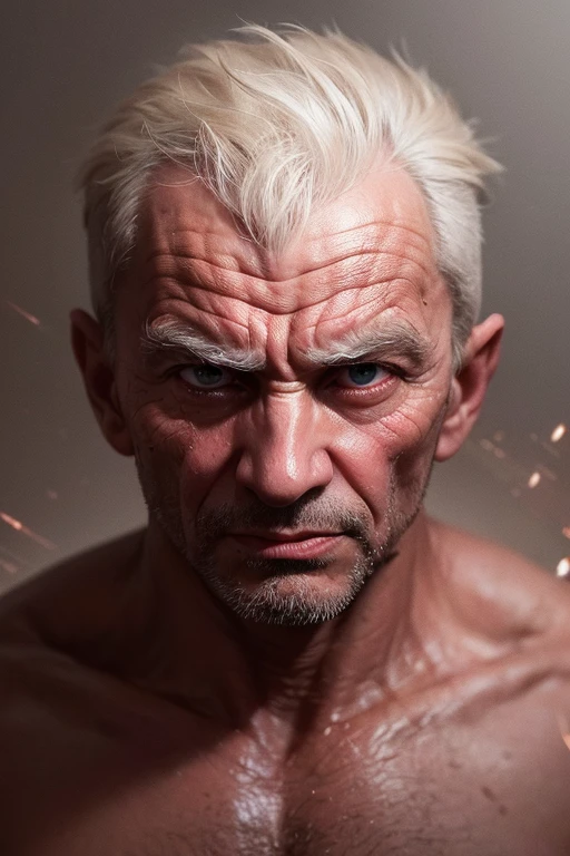 A mans head and shoulders, his face is dry because of the great fear that we see in his madly face expression, the eyes are wide open and hyper scared, we se every little detail of his crazed eyes, the nose is running mucus, his ears are red from the pressure that he feels because of the scary moment in witch the man was caught on image, the veins on his forehead and neck are pulsating, cold sweat is dripping around his nose and eyes dynamic lighting deep color cell-shaded digital art DSLR