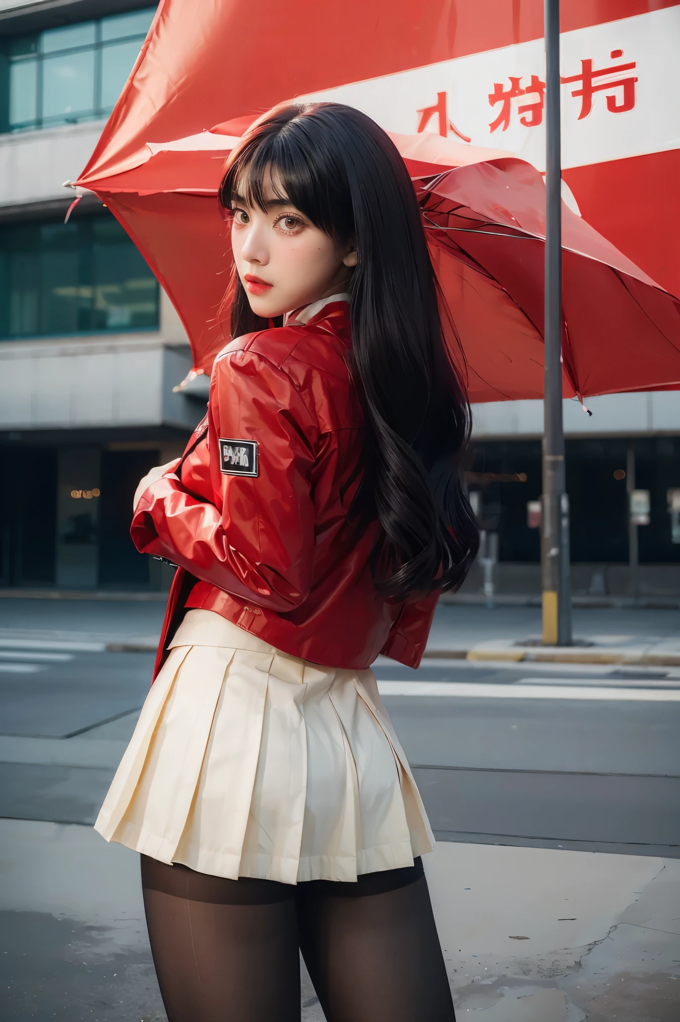 original photo:1.2),(realistic:1.4),beautiful detailed girl,very detailed eyes and face,beautiful detail eyes,ridiculous,incredibly ridiculous,super detailed,high resolution,very detailed,best quality,masterpiece,illustration,very detailed,CG,unified,8k wallpaper,amazing,fine detail,masterpiece,best quality, perfectlighting,1 girl, (((kakegurui yumeko))),long hair, blunt bangs, red eyes, , red jacket, pantyhose, white shirt, black ribbon, pleated skirt, dynamic pose