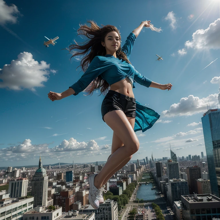 A woman with the supernatural power to fly、(Soaring above the big city:1.6)、(Hair blowing in the wind and clothes fluttering in the wind:1.3)、Charming smile、Distinctive and attractive costumes、Speed、Refreshing feeling、Dynamic pose、Shot from a dynamic angle、mynatalee women 、 (highest quality、4k、8k、High resolution、masterpiece:1.2)、Super detailed、(Real、Photorealistic、Photorealistic:1.37)、HDR、Bright colors、Full Body Shot、Sharp focus、Studio Lighting、anime、Bright colors