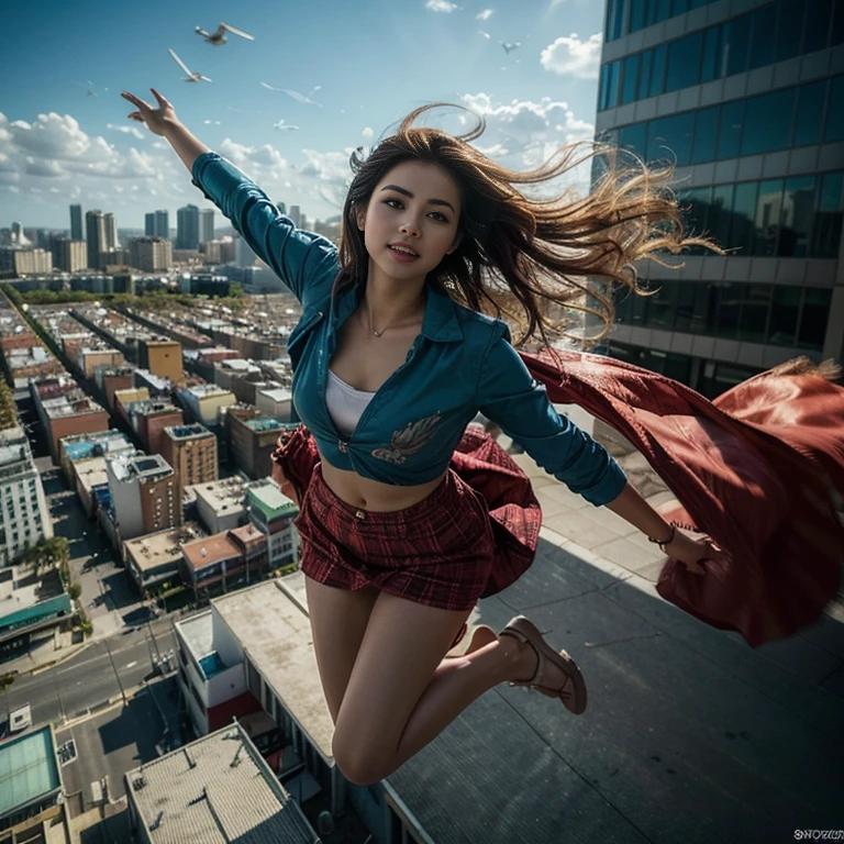 A woman with the supernatural power to fly、(Soaring above the big city:1.6)、(Hair blowing in the wind and clothes fluttering in the wind:1.3)、Charming smile、Distinctive and attractive costumes、Speed、Refreshing feeling、Dynamic pose、Shot from a dynamic angle、mynatalee women 、 (highest quality、4k、8k、High resolution、masterpiece:1.2)、Super detailed、(Real、Photorealistic、Photorealistic:1.37)、HDR、Bright colors、Full Body Shot、Sharp focus、Studio Lighting、anime、Bright colors