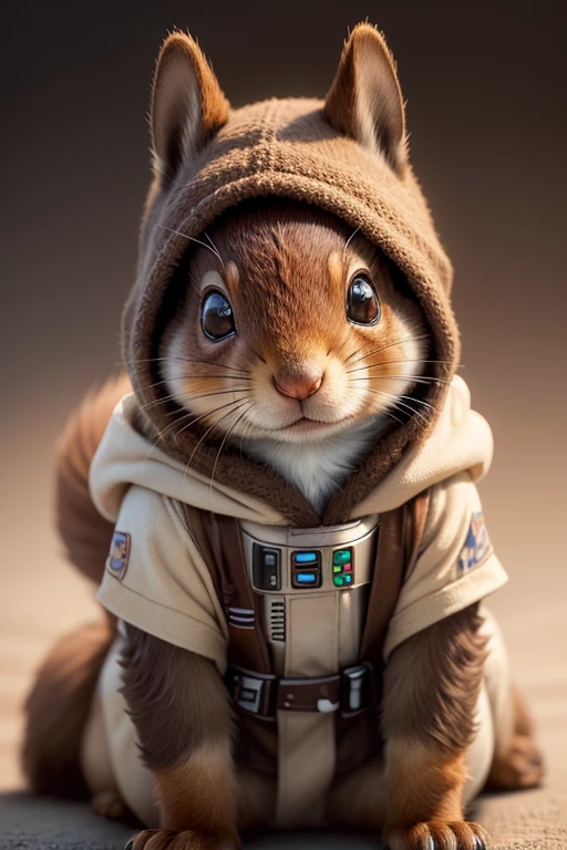 (best quality,ultra-detailed,realistic,photorealistic:1.37),furry squirrel wearing a Star Wars Jedi uniform,adorable,soft,fuzzy,playful,expressive brown eyes,small and rounded body,tiny paws,detailed Jedi robe with brown fabric and hood,lightsaber,light side of the Force,galactic background,vivid colors,warm lighting,