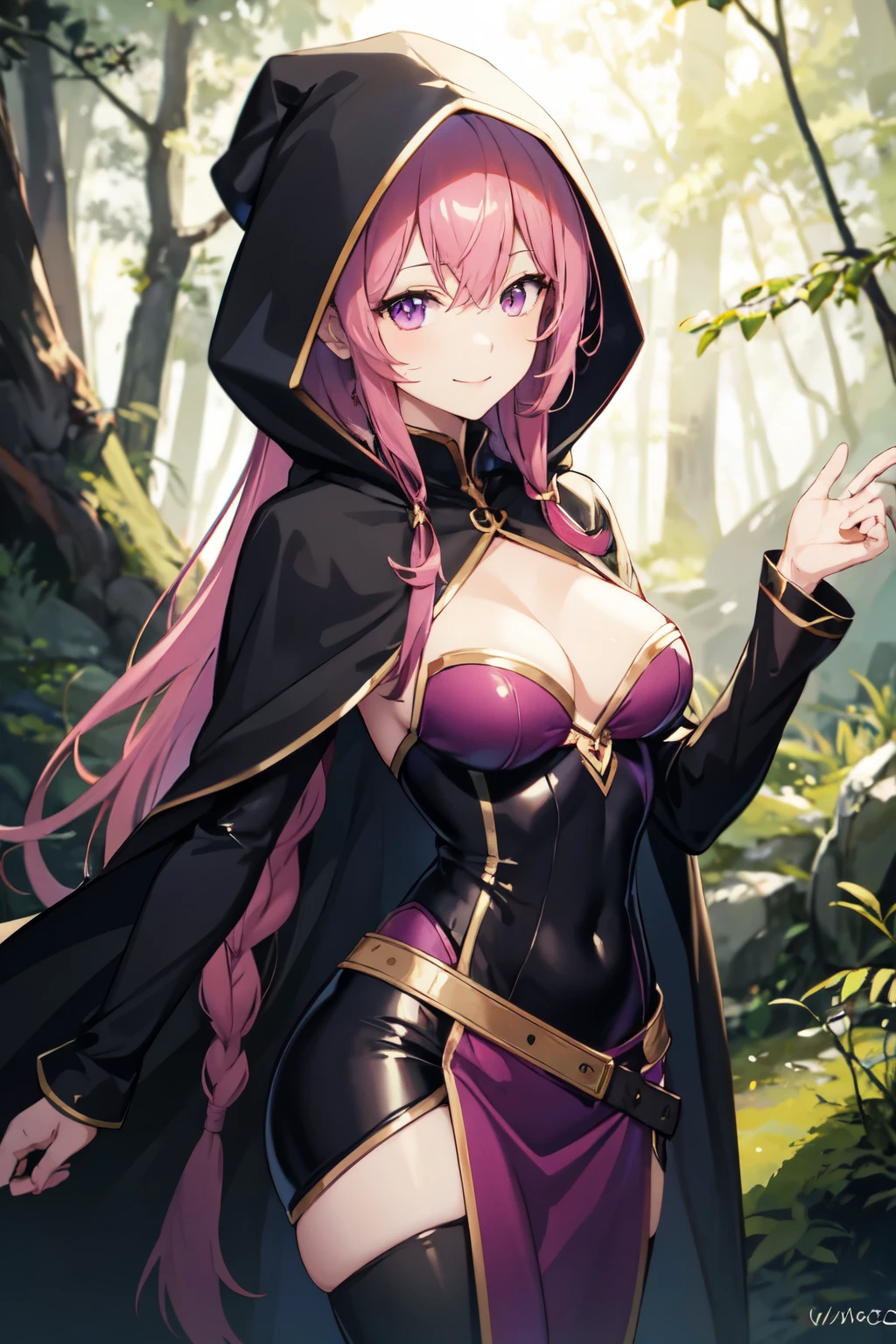 (1 anime girl) Long hair color: dark pink, eyes: bright purple, medium breasts, Wear a wizard costume with a hood. {Looking at the viewer with a slight smile, in the forest}