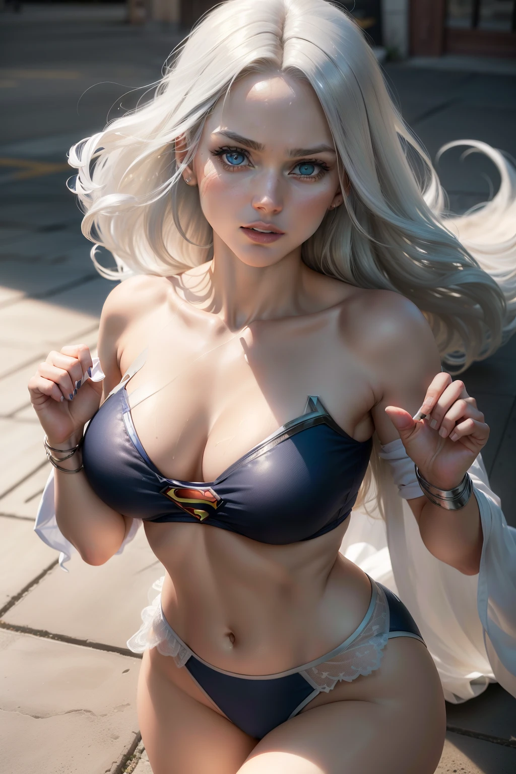 (Realistic lighting, melhor qualidade, 8k, parte mestre: 1.3)), Foco claro: 1.2, 1 fita, German, Beleza Corporal Perfeita: 1.4, ((cabelo platinado;, olhos azuis, seios grandes: 1.4)), (Wear a see-through black top and lace swim trunks: 1.4), (final da tarde, floor: 1.1), ruas da cidade, Face Ultra Fina, Olhos Finos, Palpebras duplas,Expose your white peas,White Supergirl cosplay wearing superman's S symbol on chest. in exotic and sensual pose, running your hands through your hair.