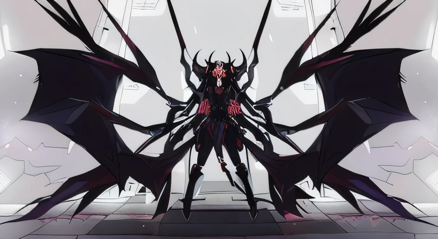 anime style picture of a devil with a red eye and a devil like body, Goddess of Darkness with Six Arms, smile, Symmetric!! Concept Art, Final Boss, depraved cybernetic devil, Albedo from the anime Overlord, Longshot Jorogumo, Succubus, devil anime girl, yandere intricate, devil, queen of darkness