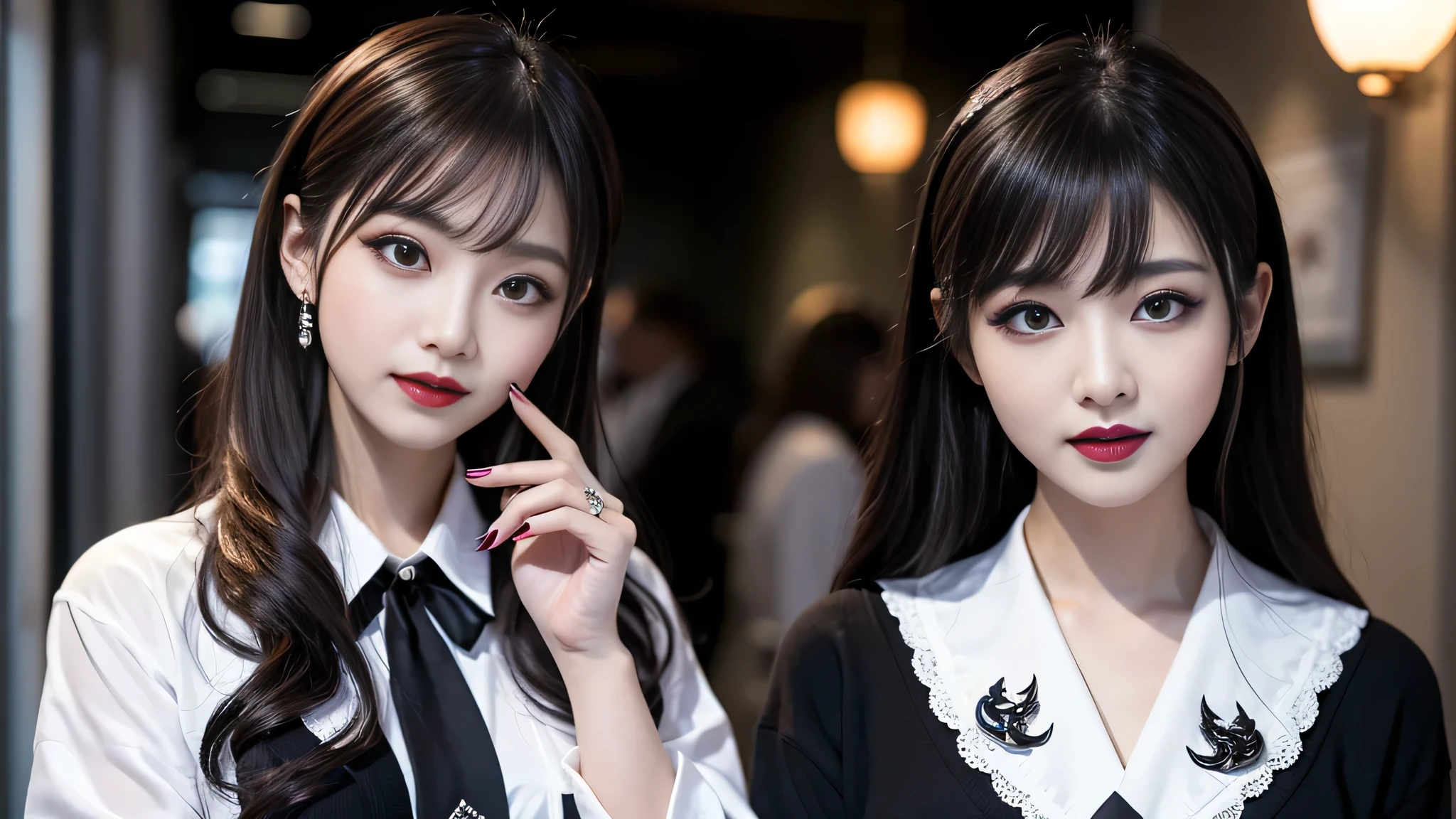 best quality、ultra-detailed、4k、Japanese、Seductive beauty、seductive adult woman、Pretty Woman、cool girl、Villainess、Brainwashed、brainwash、Fallen into evil、smirk、Evil look、Wicked Smile、evil、Brown hair、wavy hair、swept bangs、dark makeup、dark makeup、piercing eyes、hollow eyes,half-closed eyes、Hollow Eyes、purple Eyeshadow、black lipstick、black lipglos、student、uniform、Black cardigan、White Shirt、Black Ribbon、flare skirt、pantyhose、night、inside darkroom、Applying lipstick、Emblem of Evil、Crest of Darkness、Swear allegiance、I have pledged my allegiance、Dye black、Blackening、Stained with evil、Dyed in darkness、Seduce