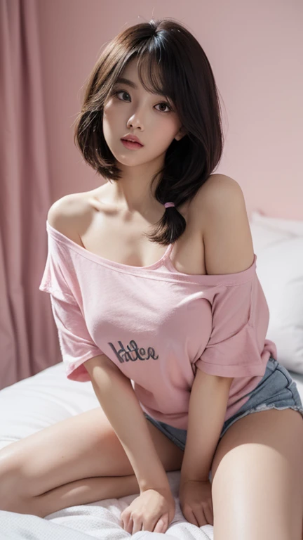 Cool beauty，Looks sweet，bob haistyle, (wearing pink oversize t-shirt, off-shoulders), show clavage, show big thigh, plump body, huge breast, full body photo, sitting on the bed. Dark background.
