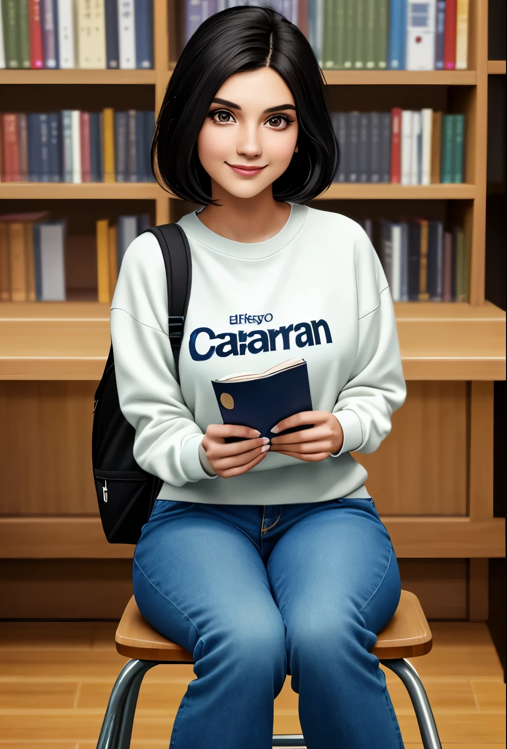 Caucasian woman, 20 years old, short straight black hair, almond-shaped brown eyes, makeup, big eyeliner, painted nails, friendly and kind smile, background, library, holds book in hand, she is sitting in the chair reading a book sweatshirt blue, bracelet, backpack on back, black jeans worn around the knees, high school tennis shoes, calm body expression, extremely detailed face, high image definition, ultra HD 4k, extreme beauty, detailed hair, same face,