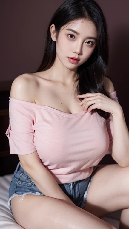 Cool beauty，Looks sweet，bob haistyle, (wearing pink oversize t-shirt, off-shoulders), show clavage, show big thigh, plump body, huge breast, full body photo, sitting on the bed. Dark background.
