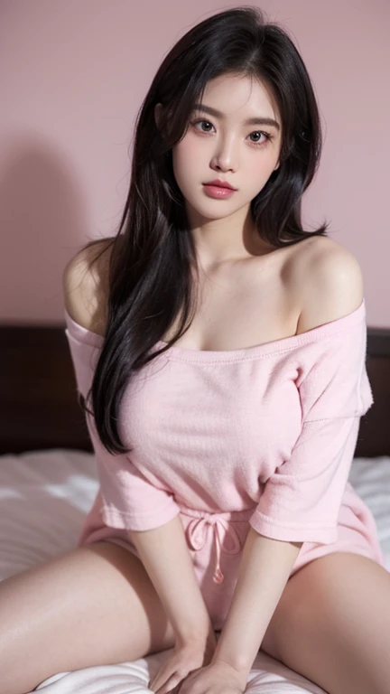 Cool beauty，Looks sweet，bob haistyle, (wearing pink oversize t-shirt, off-shoulders), show clavage, show big thigh, plump body, huge breast, full body photo, sitting on the bed. Dark background.
