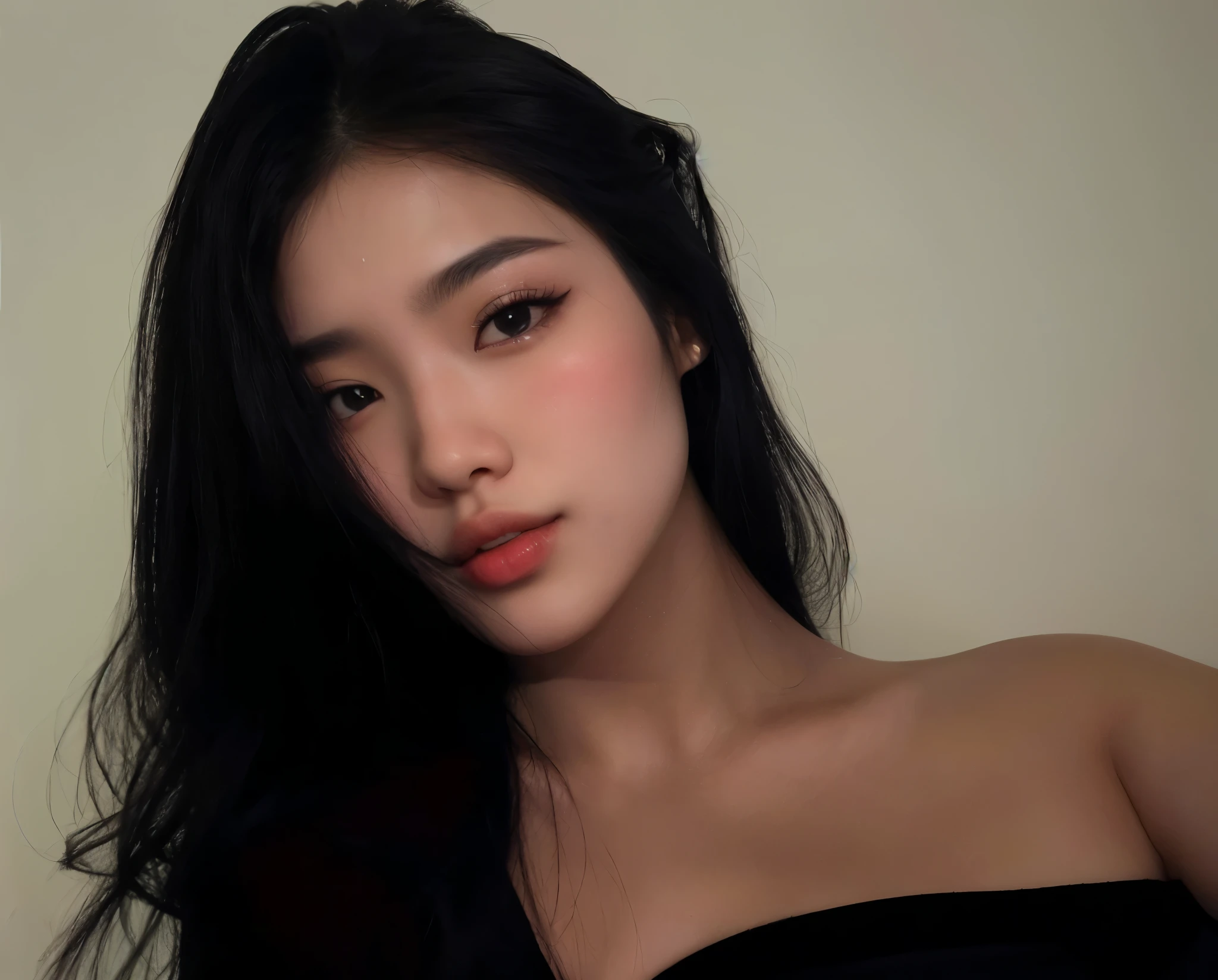 Coreana, Asian, cabelo preto, fleshy lips, seios volumosos