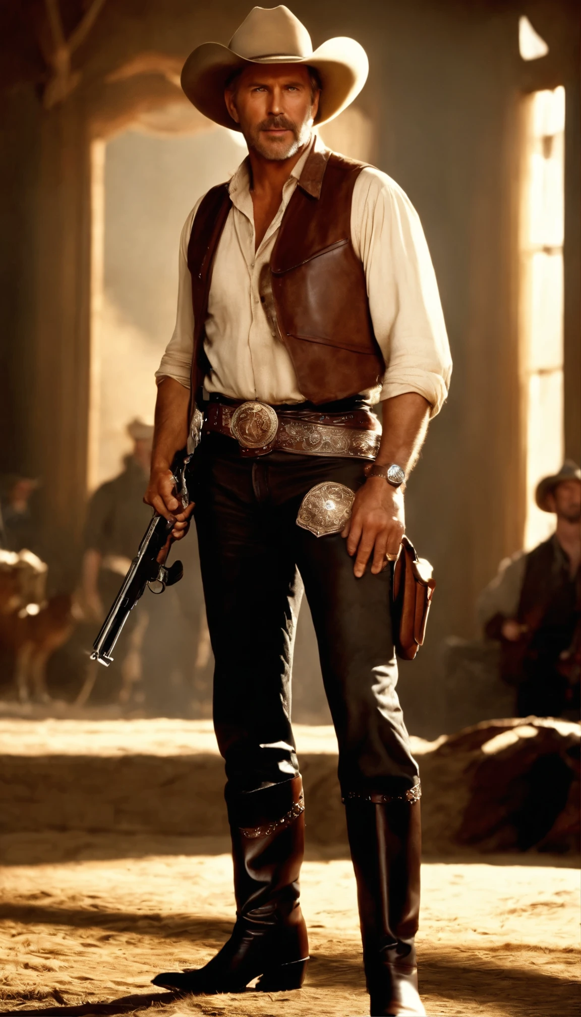 In high definition movie scenes、Kevin Costner, the blonde haired man、Bright smile and confidence at the bar々Standing in。Wearing trousers and a cowboy shirt、The intricately detailed fabric shimmers under the warm lighting.。The boots are polished to a mirror finish and feature intricate designs.、A sturdy belt holds the gun holster in place。High-resolution rendering of Western movies、Highlights the high contrast between light and shadow。He had two guns in his hands、Its metallic luster reflects the warm light of the bar.、People around you々It has an intimidating presence that attracts
