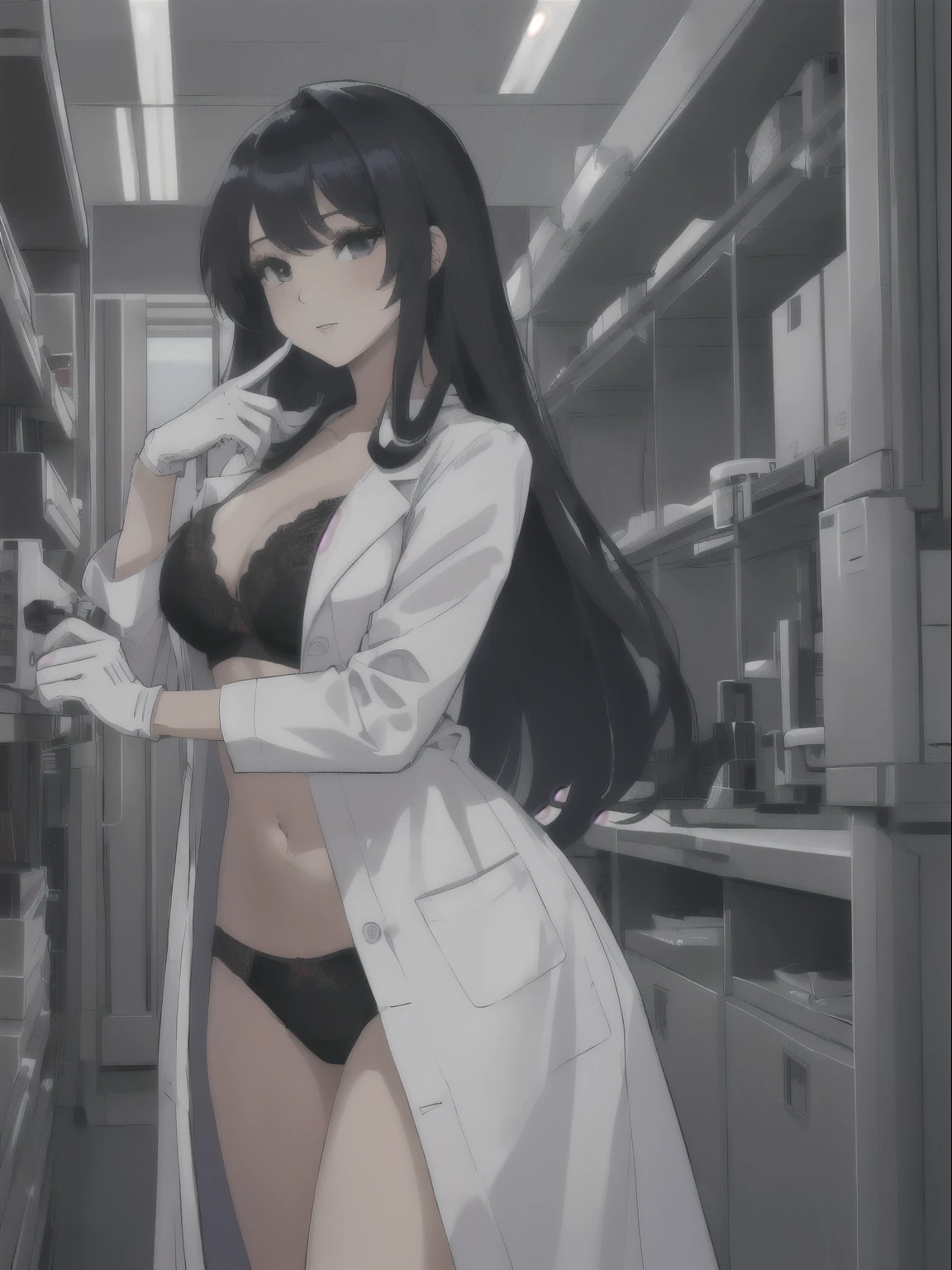 (8K、Highest image quality、highest quality、masterpiece)、detailed face、1 girl、black hair、long hair、gray eyes、evil smile、((grin))、big breasts、((black bra))、((lab coat))、((black pantyhose))、cowboy shot、hospital room background