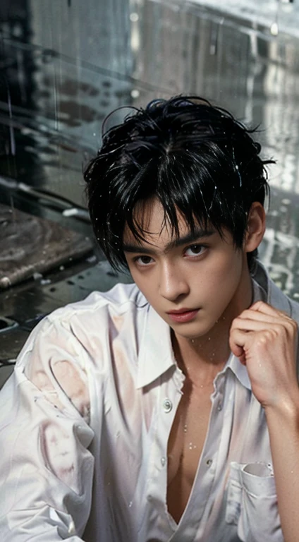 ((Best quality, 8k, Masterpiece: 1.3)), Sharp focus: 1.2, A handsome man with perfect body: 1.4, abs, (Small and beautiful hard nipple) (Thin and damp button up to shirt length: 1.1), (White shirt wet by rain), (Rain, Street: 1.2), Wet body: 1.1, Highly detailed face and skin texture, Detailed eyes, Double eyelid, tanned skin, sexy, tan