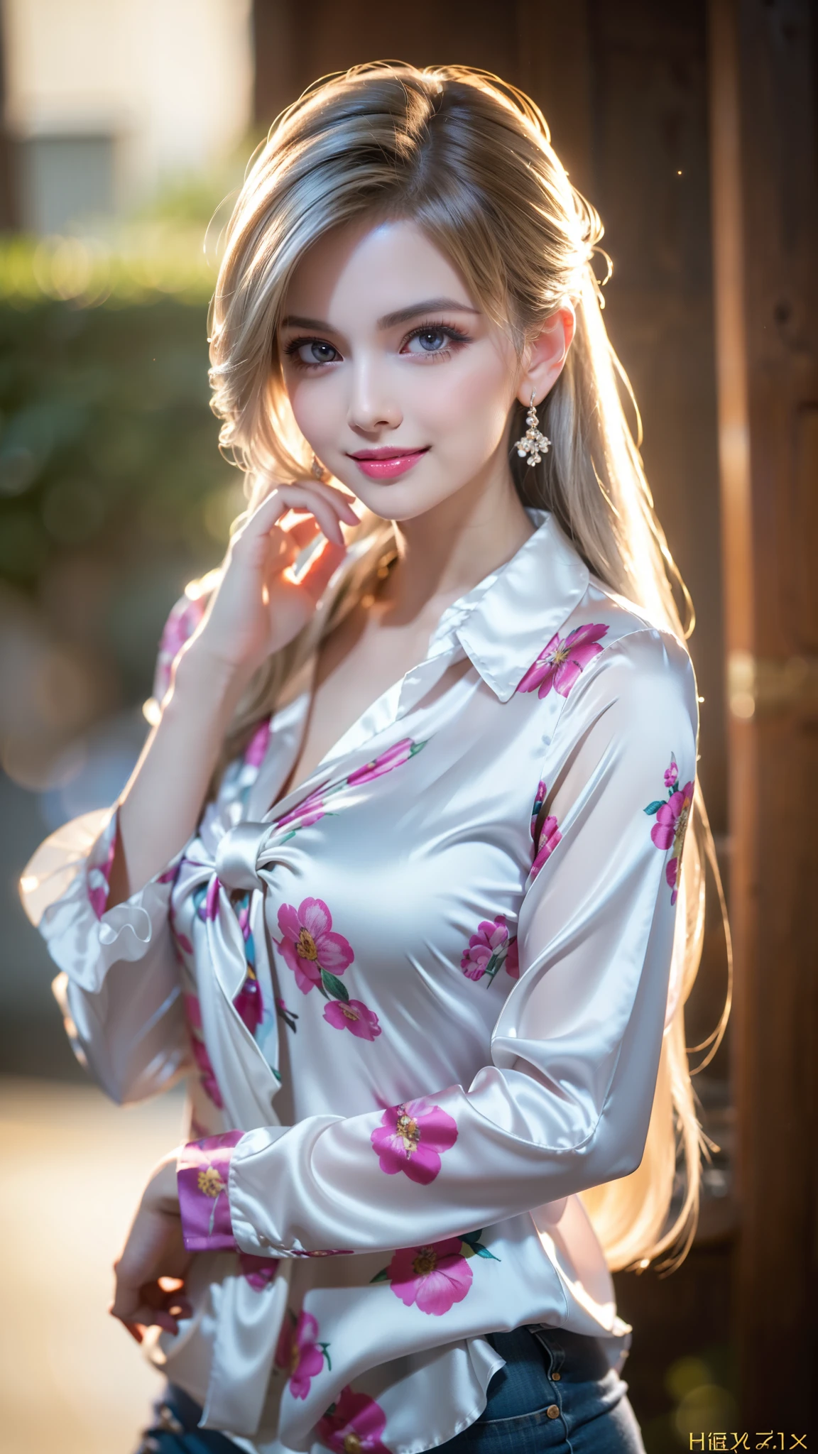 (best quality,ultra-detailed,photo-realistic:1.37),extremely beautiful eyes, Bright and Vibrant colors,studio lighting, playful expression, Extremely detailed eyes, stylish makeup,Beautiful Fashion Model Posing, bow blouse silk shirt with floral print:1.3, Slim Figure, Medium Round BREAST, high fashioned, silver hair flowing in the wind,alluring eyes,glossy lips,sexy pose, smiling in a confident and seductive way, posing for a professional photoshoot, shallow depth of field, highlighting the main subject, soft natural lighting, creating a dreamy and magical atmosphere.