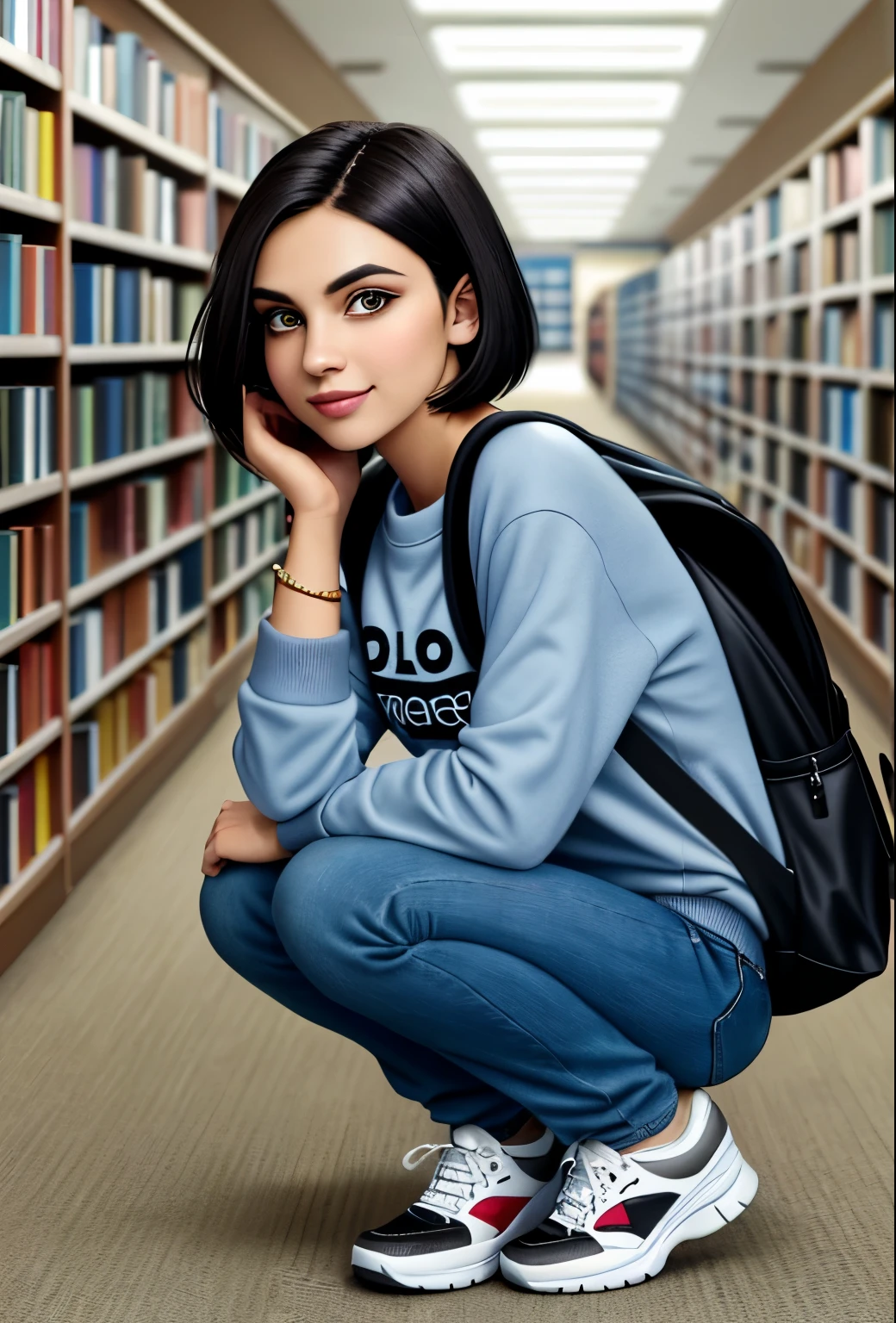 Caucasian woman, 20 years old, short straight black hair, almond-shaped brown eyes, makeup, big eyeliner, painted nails, friendly and kind smile, background, library, holds book in hand, sweatshirt, blue bracelet, backpack on back, black jeans worn around the knees, high school tennis shoes, calm body expression, extremely detailed face, high image definition, ultra HD 4k, extreme beauty, detailed hair, same face,