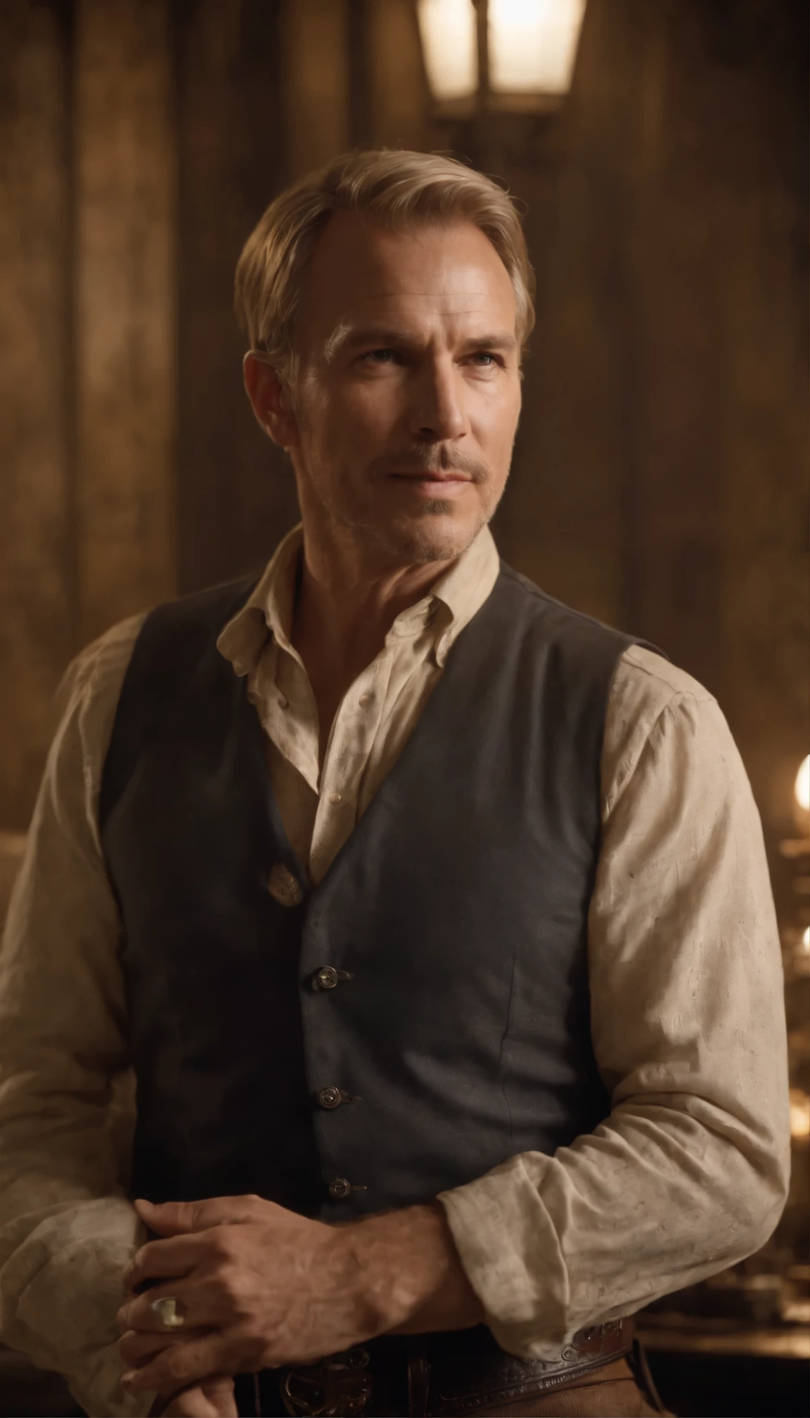High-definition video(movie:Silverado)movieのシーンでは、Kevin Costner, the blonde haired man、Bright smile and confidence at the bar々Standing in。Wearing trousers and a cowboy shirt、The intricately detailed fabric shimmers under the warm lighting.。The boots are polished to a mirror finish and feature intricate designs.、A sturdy belt holds the gun holster in place。High-resolution rendering of Western movies、Highlights the high contrast between light and shadow。He had two guns in his hands、Its metallic luster reflects the warm light of the bar.、People around you々It has an intimidating presence that attracts