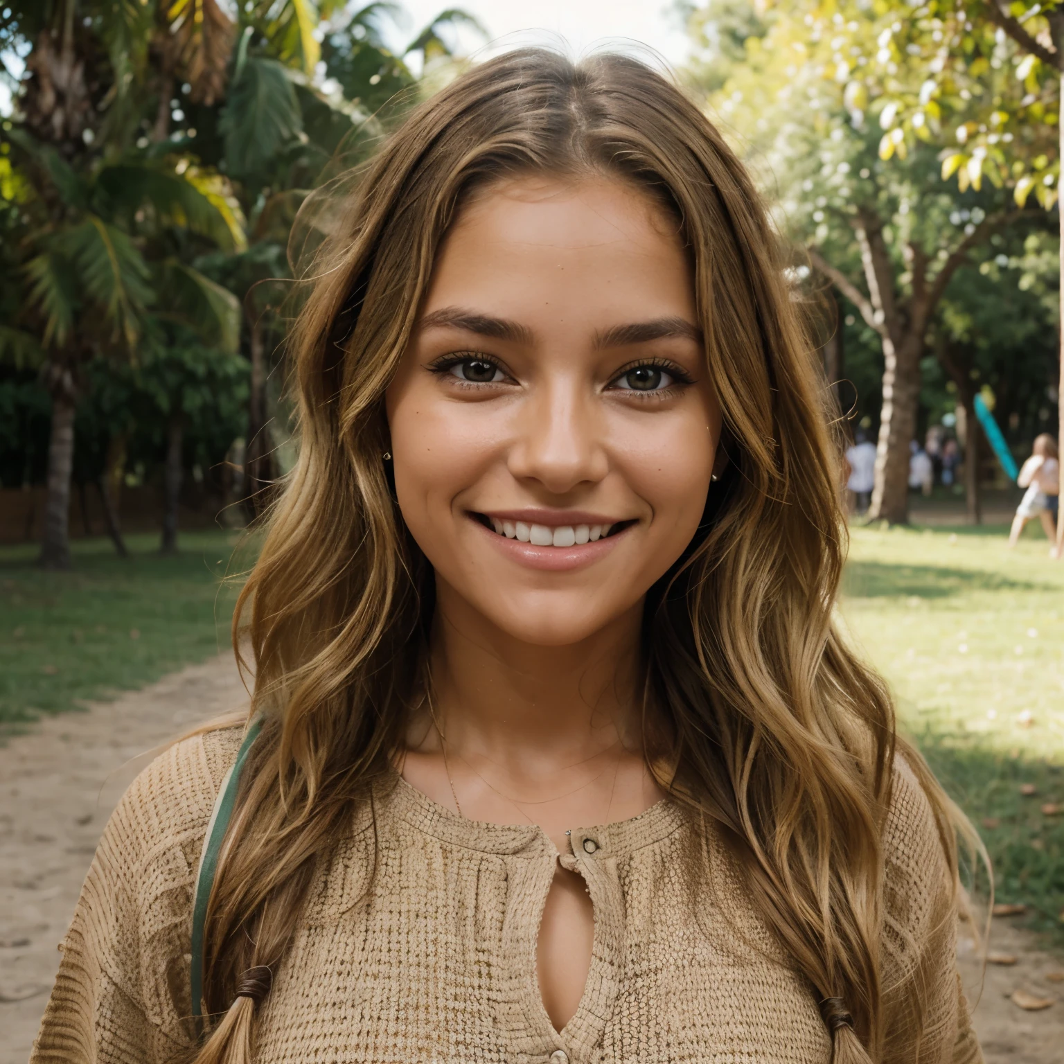 Una chica de piel bronceada, ojos miel, brown and blonde wavy hair, sonriendo, sentada en el parque