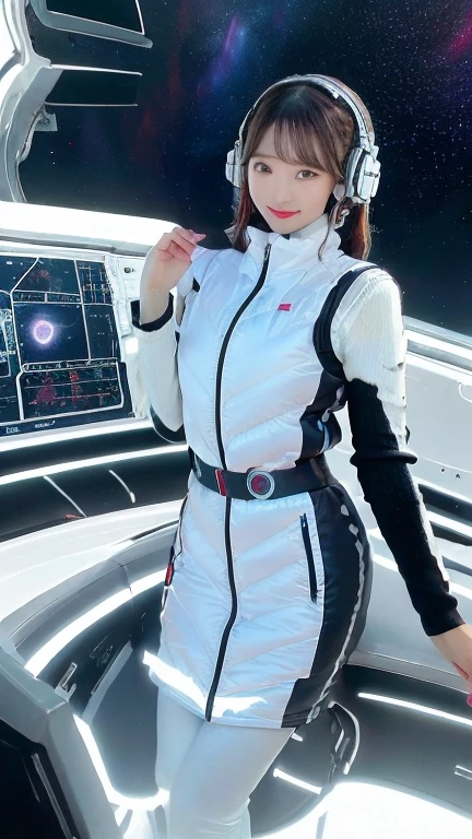 ​masterpiece:1.4, masterpiece,best quality,1girl,BREAK (portrait shot):100,(lower body):100,BREAK one girl in ((20yr old)), instagrammer pose,idol girl, dynamic pose,(astrovest):2,floating:20,jumping:20,(white shiny downves):5,(white puffer vest):5,(black tights),(black long sleeves):2,black belt ,smartwatch,huge breast,wears a tight futuristic latex silver and black and white bodysuit,(white boots),astrovest, de pele branca,beautiful face ,smile,japanese girl,dark brown 
hair,huge-breasted, long hair, Perfect model body, Blue eyes:1.4, Wearing headphones, Flirting, Happy,  Looking out the window of the futuristic sci-fi space station,While admiring the beautiful galaxy:1.2, BREAK SF control room on night background:1.1, Neon and energetic atmosphere:1.2 ((Galaxy)) ,((Solo:1.6)),futuristic space station background,inside space craft,Futuristic room,neotech,JeeSoo 