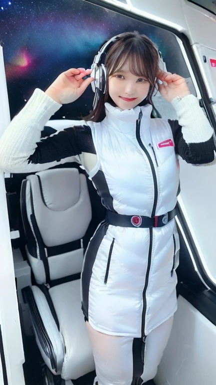 ​masterpiece:1.4, masterpiece,best quality,1girl,BREAK (portrait shot):100,(lower body):100,BREAK one girl in ((20yr old)), instagrammer pose,idol girl, dynamic pose,(astrovest):2,floating:20,jumping:20,(white shiny downves):5,(white puffer vest):5,(black tights),(black long sleeves):2,black belt ,smartwatch,huge breast,wears a tight futuristic latex silver and black and white bodysuit,(white boots),astrovest, de pele branca,beautiful face ,smile,japanese girl,dark brown 
hair,huge-breasted, long hair, Perfect model body, Blue eyes:1.4, Wearing headphones, Flirting, Happy,  Looking out the window of the futuristic sci-fi space station,While admiring the beautiful galaxy:1.2, BREAK SF control room on night background:1.1, Neon and energetic atmosphere:1.2 ((Galaxy)) ,((Solo:1.6)),futuristic space station background,inside space craft,Futuristic room,neotech,JeeSoo 