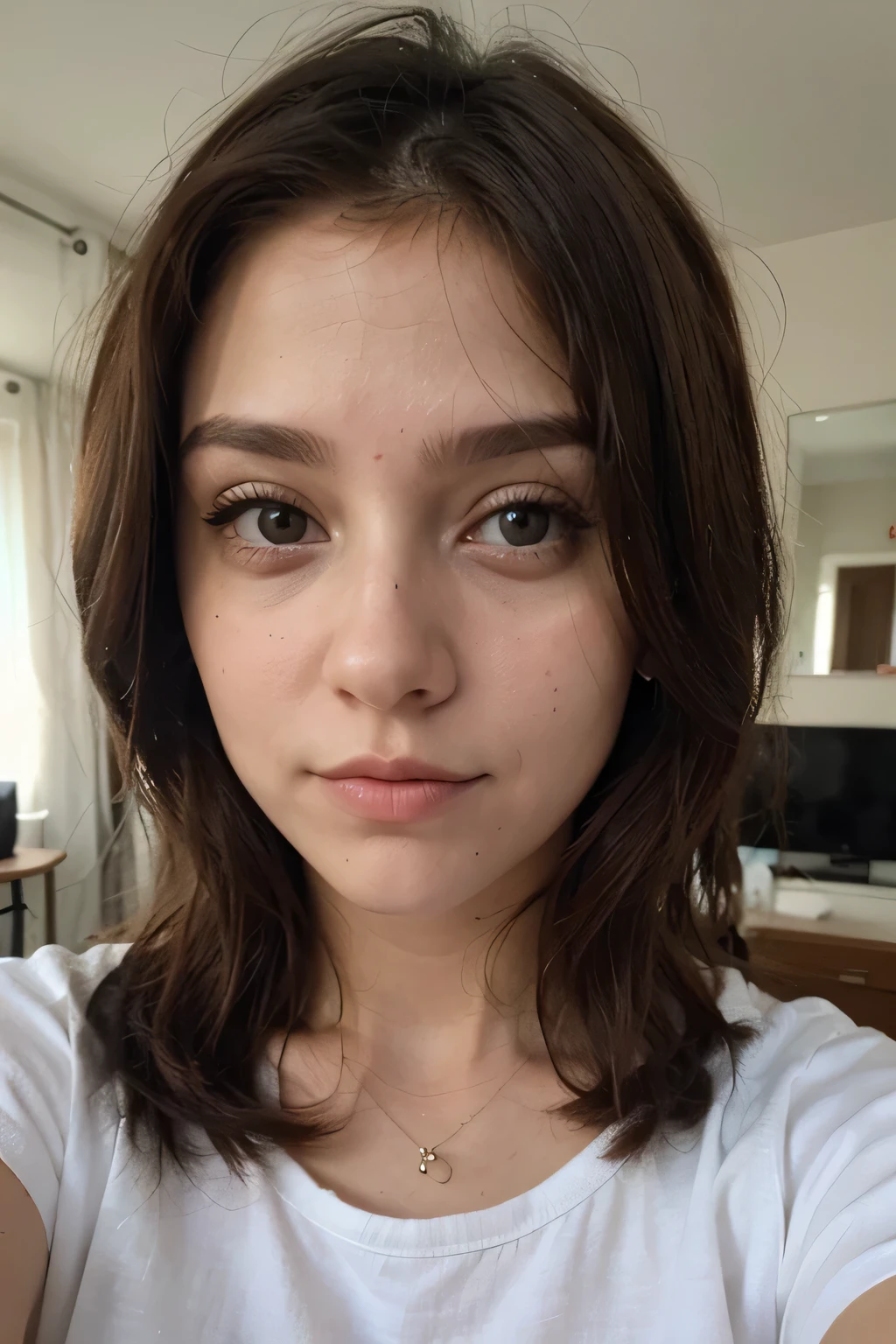 Jovem garota de olhos e longos cabelos castanhos em seu quarto. Selfie