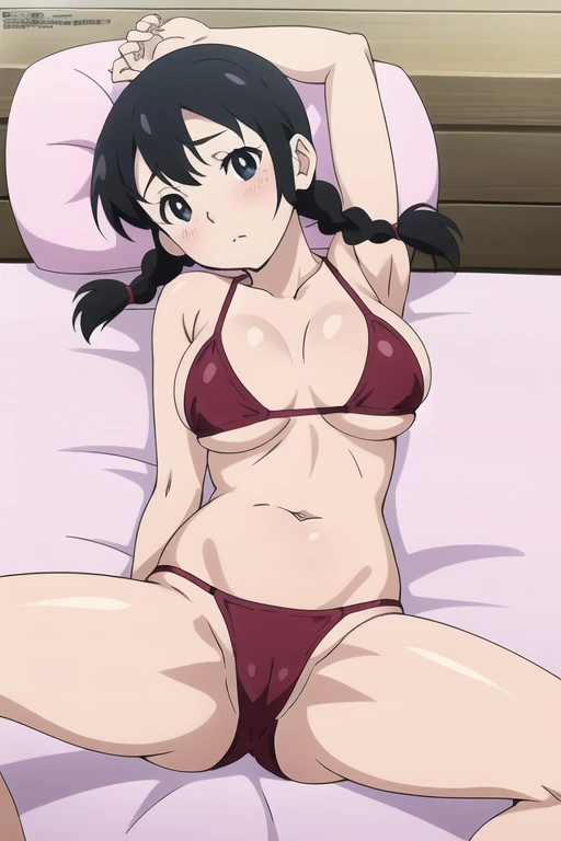 (anime cels style, masterpiece, best quality, high resolution, megami magazine, anime poster style, sharp, 8k), (beautiful eyes:1.2), shizuka minamoto, 1girl, black hair, black eyes, low twin braids, closed mouth, blush, (large breast), (on back, sleepy), cowboy shot, spread legs, red bikini, bed, (perfect detailed anatomy, beautiful face, perfect body, perfect arms, shiny skin),