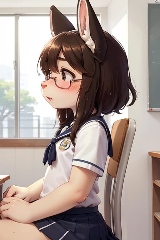 left side view , focus face , hairy bunny Short stature girl , (realistic hairy bunny fur:1.2) , round Mumps face , (tilt face:1.2) , geek , moist round eyes , Swollen cheeks , shy , glossy lips , in the school , Class is in progress , school sailor , skirt , sit on chair