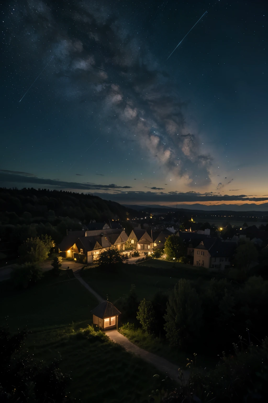 Mittelalter dorf bei Nacht, Beautiful starry sky, Very nice quality background image