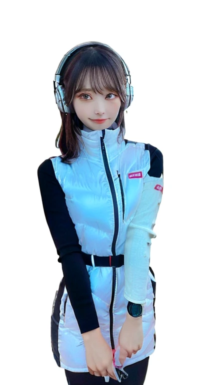 masterpiece, highest quality, Very detailed, 8K Portrait,japanese android girl,Plump , Control panel,Robotic arms and legs, Blunt bangs,,BREAK (metallic gray, metallic luster, mirror finish, astrovest):5,headphone:5,BREAK (black sleeves):100,smartwatch,futuristic airport,space station,BREAK headphone,blue eyes,(black hair):2,(long hair):1.3,look at viewer,(Respirator),BREAK blush:3,hidden hands,smile
