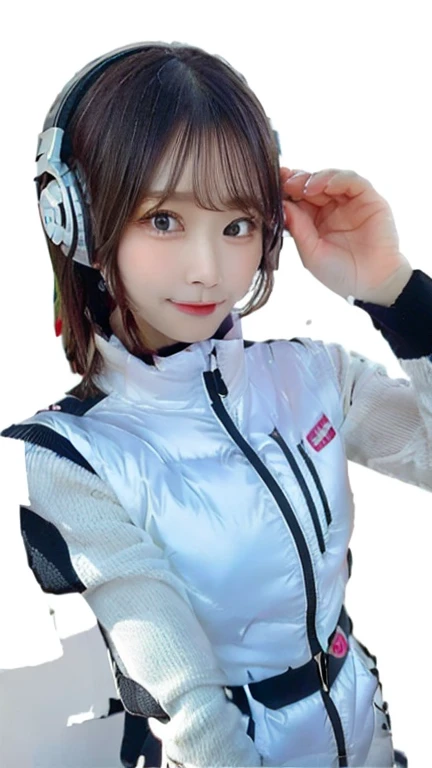 masterpiece, highest quality, Very detailed, 8K Portrait,japanese android girl,Plump , Control panel,Robotic arms and legs, Blunt bangs,,BREAK (metallic gray, metallic luster, mirror finish, astrovest):5,headphone:5,BREAK (black sleeves):100,smartwatch,futuristic airport,space station,BREAK headphone,blue eyes,(black hair):2,(long hair):1.3,look at viewer,(Respirator),BREAK blush:3,hidden hands,smile