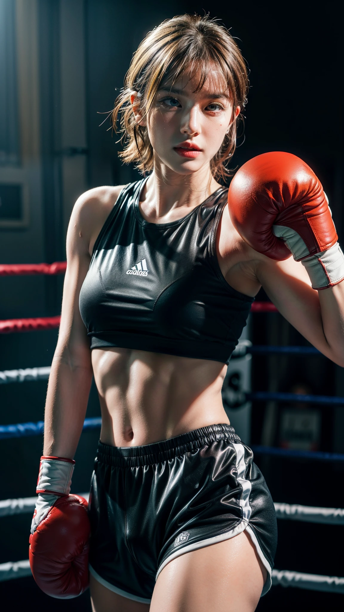 (original) , (very detailed wallpaper) , (best quality) , (masterpiece) , photographic reality, realistic, very detailed illustrations, (1 girl) , beautiful eyes, (delicate face) , perfect detail, (best lighting) , (super complex details) , 
 (boxing girl) , (aggressive punching) , sweat, heavy breathing, (oppressive attack) , (boxing ring) , athletic shorts, perfect detail, perfect fingers, perfect limbs, impact, (shiny skin) , abs, muscles, waistline,boxing shorts, fist fight,
4K unified, (super detailed CG: 1.2) , (8K: 1.2) , realistic, octane rendering, blonde short hair, midshot, centered image, ultra detail, extremely face detail, extremely eye detail, eyes on viewer, eyes on camera (black - white theme), boxer gloves, extremely detailed boxer gloves,