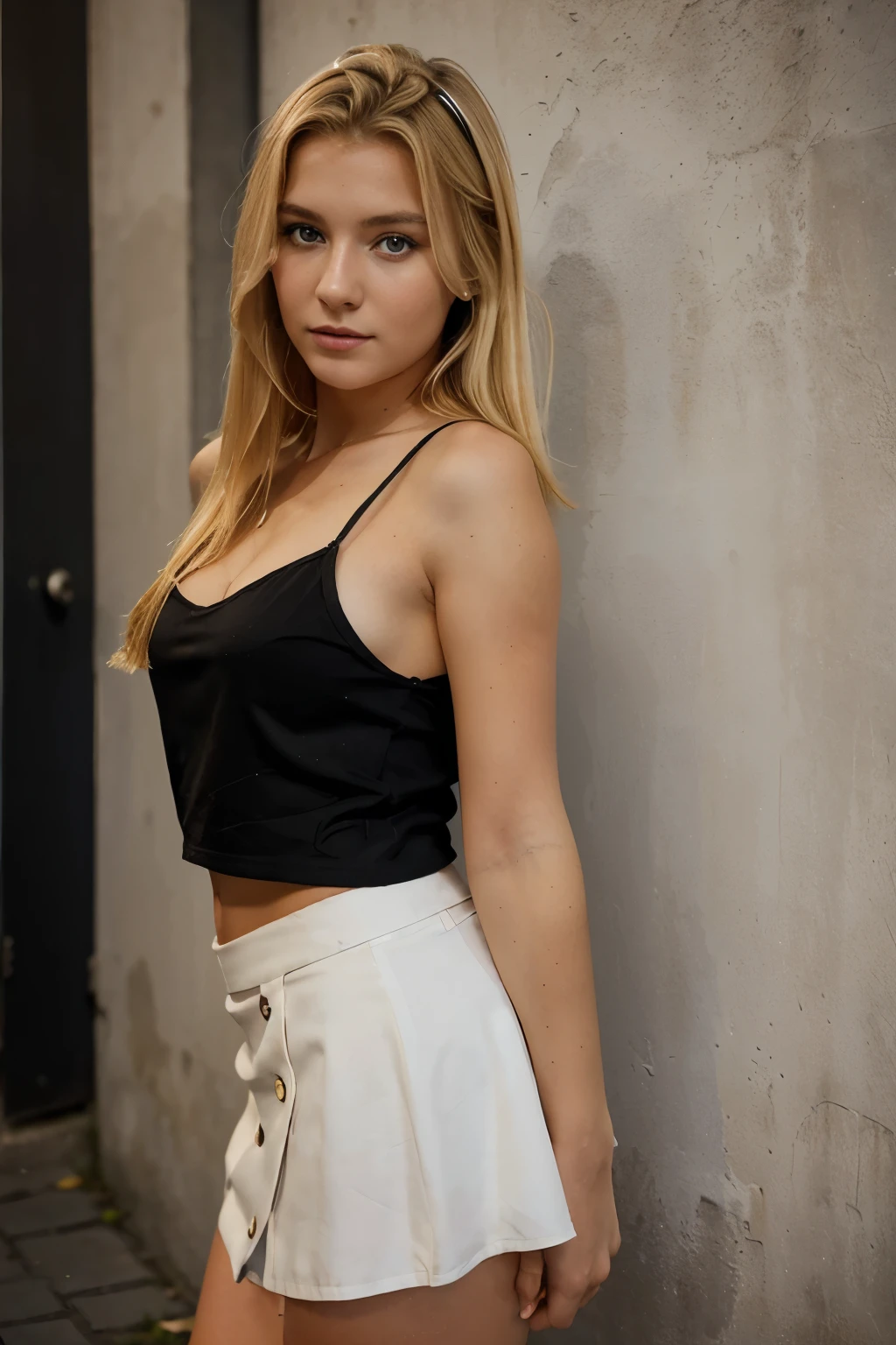 Farbfoto, mittlere Aufnahme, black mini skirt, Vordergrund, ((A realistic photo of a beautiful blonde 20-year-old girl)), Berliner Wohnung, Hintergrund modern