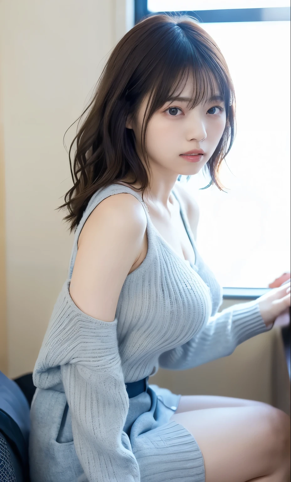 masterpiece、highest quality、16k、High resolution、超High resolution,Very detailed、Soft Light、Professional Lighting、Pale shading、Low contrast、Japanese、beautiful girl、Slender women、daytime office、Window seat、sitting in front of a computer、(Knitwear that fits snugly around the breasts(Grayish light blue))、Shoulder drops、Navy Pleated Skirt、Small Mouth、(Beautiful thighs:1.6)、(Large Breasts:1.4)、Underwear is visible、Breasts protruding、Fine and beautiful eyes、(Hanging eyes)、(Thin eyebrows)、(Thin lips)、sad、(Long Wavy Hair、High Ponytail),(Asymmetrical bangs)、