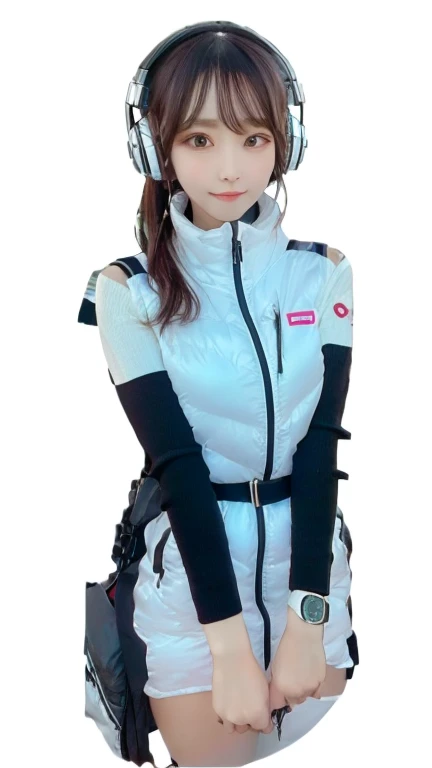 masterpiece, highest quality, Very detailed, 8K Portrait,japanese android girl,Plump , Control panel,Robotic arms and legs, Blunt bangs,,BREAK (metallic gray, metallic luster, mirror finish, astrovest):5,headphone:5,BREAK (black sleeves):100,smartwatch,futuristic airport,space station,BREAK headphone,blue eyes,(black hair):2,(long hair):1.3,look at viewer,(Respirator),BREAK blush:3,hidden hands,smile