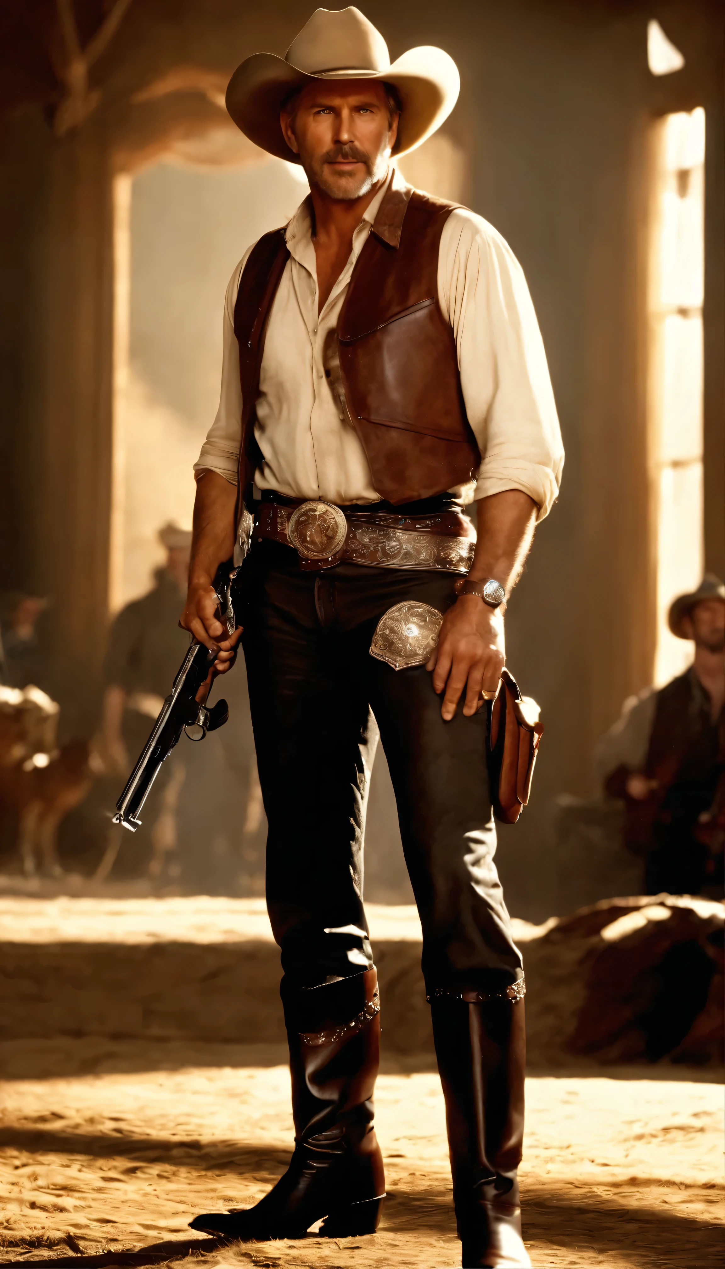 In high definition movie scenes、Kevin Costner, the blonde haired man、Bright smile and confidence at the bar々Standing in。Wearing trousers and a cowboy shirt、The intricately detailed fabric shimmers under the warm lighting.。The boots are polished to a mirror finish and feature intricate designs.、A sturdy belt holds the gun holster in place。High-resolution rendering of Western movies、Highlights the high contrast between light and shadow。He had two guns in his hands、Its metallic luster reflects the warm light of the bar.、People around you々It has an intimidating presence that attracts