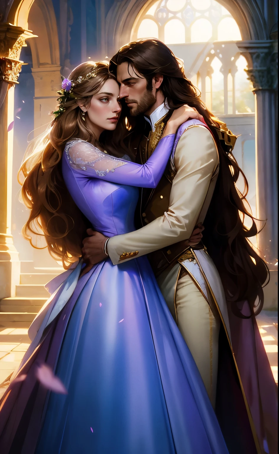 fantasy, a lot of roses, a man and a woman hugging each other, a man, long hair, in a royal uniform of the 19th century, a girl, long light brown wavy hair, lilac eyes, in a white light ball gown, against the background of the ruins of a castle made of light stone, a lot of greenery, hd