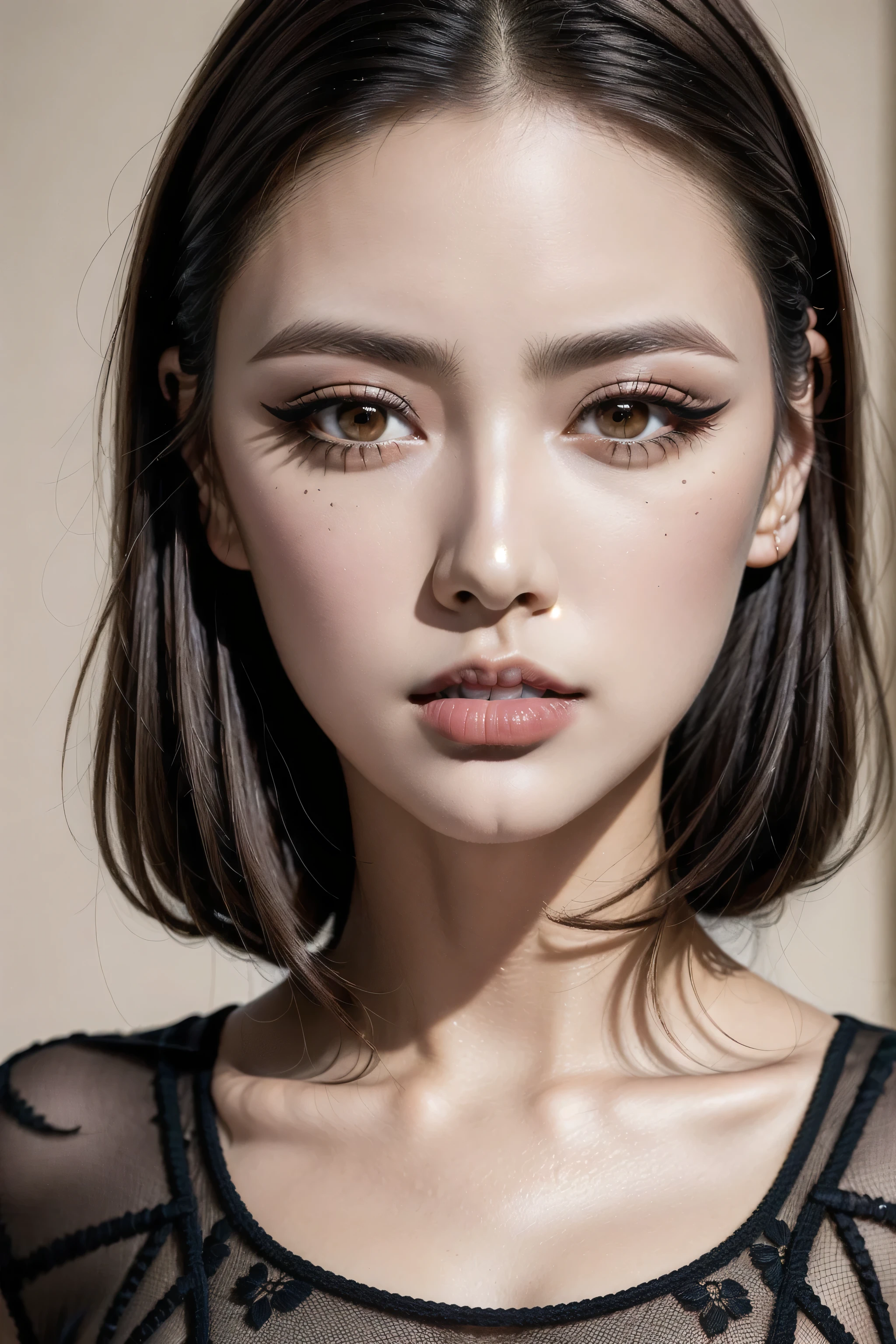 (extremely detailed sharp-photo:1.1),(1girl:1.35, 20-year-old), Realism, highest resolution, (the most absurd quality),((highest quality realistic texture skin)),((highest quality realistic texture hair)),BREAK,((brown hair, (slicked to the side), extremely detailed:1.43)), ((perfect proportions)),((anatomically correct)),((firm and full big breasts:1.3)),(the most absurd quality perfect eyes), (super detail: beautiful round face), ((light pale complexion)), ((Insanely detailed clear and sharp perfect round realistic brown_eyes)), finely detailed pupils, (best details, beautiful, symmetrical, full lips:1.3), (long_blue_eyeliner:1.18), (pink_lipstick:1.3), (perfect dark_eyeshadows:1.35), (Detailed nose:1.2), ((Upper body shot)), ((wearing a tight black knitted mini dress:1.35)),(small head:1.3), close up of her face, exquisite balance of shadows,perfect composition,((look at the viewer)), Hasselblad, 85mm f/4.2