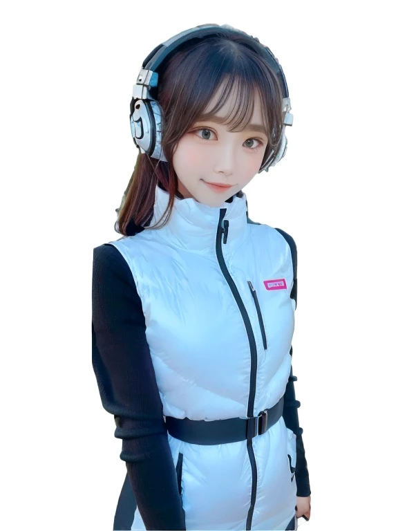 masterpiece, highest quality, Very detailed, 8K Portrait,japanese android girl,Plump , Control panel,Robotic arms and legs, Blunt bangs,,BREAK (metallic gray, metallic luster, mirror finish, astrovest):5,headphone:5,BREAK (black sleeves):100,smartwatch,futuristic airport,space station,BREAK headphone,blue eyes,(black hair):2,(long hair):1.3,look at viewer,(Respirator),BREAK blush:3,hidden hands,smile