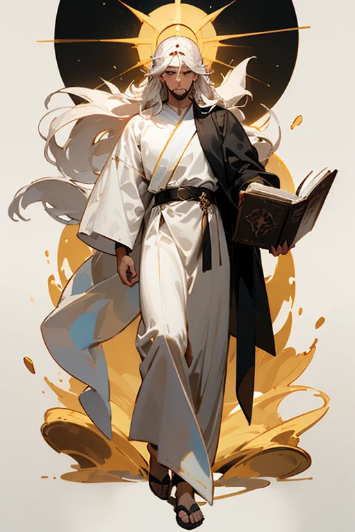 The description of Jesus with white and rust-colored hair is found in the Book of Revelation, Chapter 1, verses 13-15:
"E no meio dos candeeiros um semelhante ao Filho do Homem, dressed to the feet in a long garment and with a golden belt across the breasts. And his head and hair were white like white wool, como a neve, e os seus olhos como chama de fogo; and his feet, similar to shiny brass, como se tivessem sido refinados numa fornalha, and his voice as the voice of many waters."
This is a symbolic description of Jesus as a powerful and glorious heavenly figure..