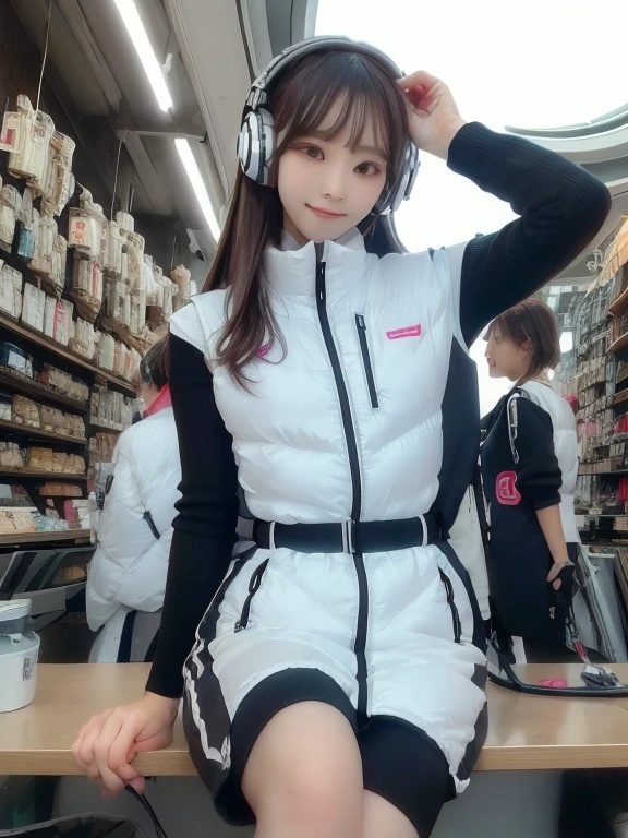 masterpiece, highest quality, Very detailed, 8K Portrait,japanese android girl,Plump , Control panel,Robotic arms and legs, Blunt bangs,,BREAK (metallic gray, metallic luster, mirror finish, astrovest):5,headphone:5,BREAK (black sleeves):100,smartwatch,futuristic airport,space station,BREAK headphone,blue eyes,(black hair):2,(long hair):1.3,look at viewer,(Respirator),BREAK blush:3,hidden hands,smile