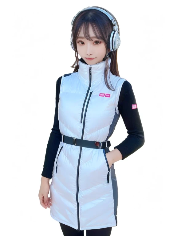 masterpiece, highest quality, Very detailed, 8K Portrait,japanese android girl,Plump , Control panel,Robotic arms and legs, Blunt bangs,,BREAK (metallic gray, metallic luster, mirror finish, astrovest):5,headphone:5,BREAK (black sleeves):100,smartwatch,futuristic airport,space station,BREAK headphone,blue eyes,(black hair):2,(long hair):1.3,look at viewer,(Respirator),BREAK blush:3,hidden hands,smile