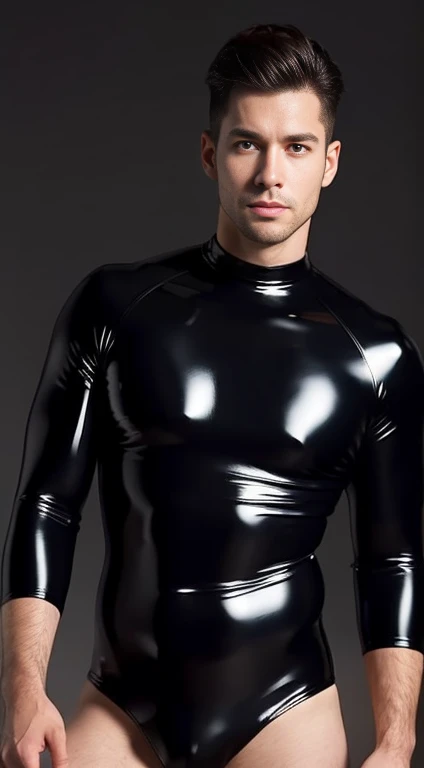 American man, (mtu)((black latex bodysuit, )) ,((full body photo shot,)) The upper part of the body, (chest muscle,Handsome,), (((Ultra-detailed information, Ultra photo realsisim))),