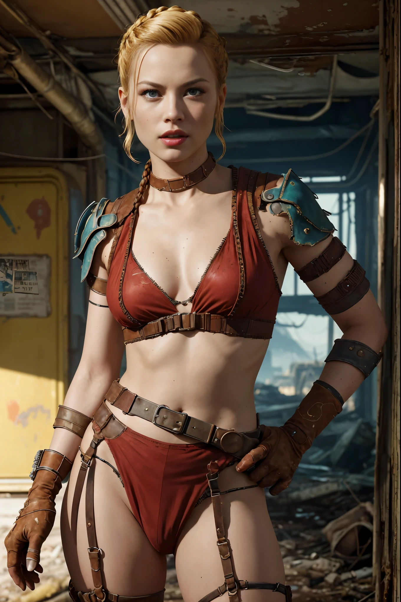 A fierce and beautiful woman, (Grace Kelly:Gillian Jacobs:0.5), braided punk hairstyle, (wearing a revealing high detail raider outfit from Fallout 4), armed, high detail face, high detail skin, seductive expression, perfect body, (perfect proportions), a nuclear wasteland background with scattered ruins, high quality, (masterpiece), (realistic photo), intricately detailed, 8k, HDR, shallow depth of field, wide light, high contrast, backlight, sharp focus, RAW color photo, looking at the camera, vibrant colors, dynamic poses, in the style of Fallout 4