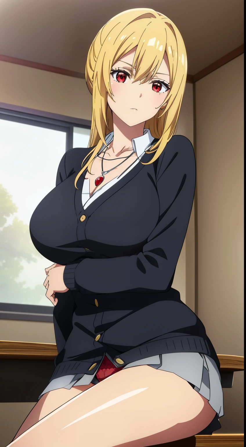 best quality, high resolution, 8K, anime art style, beautiful detailed eyes, extremely detailed face, soft expression, stylish pose, Angelica V4,1girl,solo,red eyes, (collared shirt, white shirt, necklace, jewelry, black sweater, cardigan, miniskirt,panties, classroom, cowboy shot), looking at the audience, in the center of the image, beautiful large medium-sized breasts, beautiful face, slim waist, appealing, soft lighting,Crossing your legs, Sitting