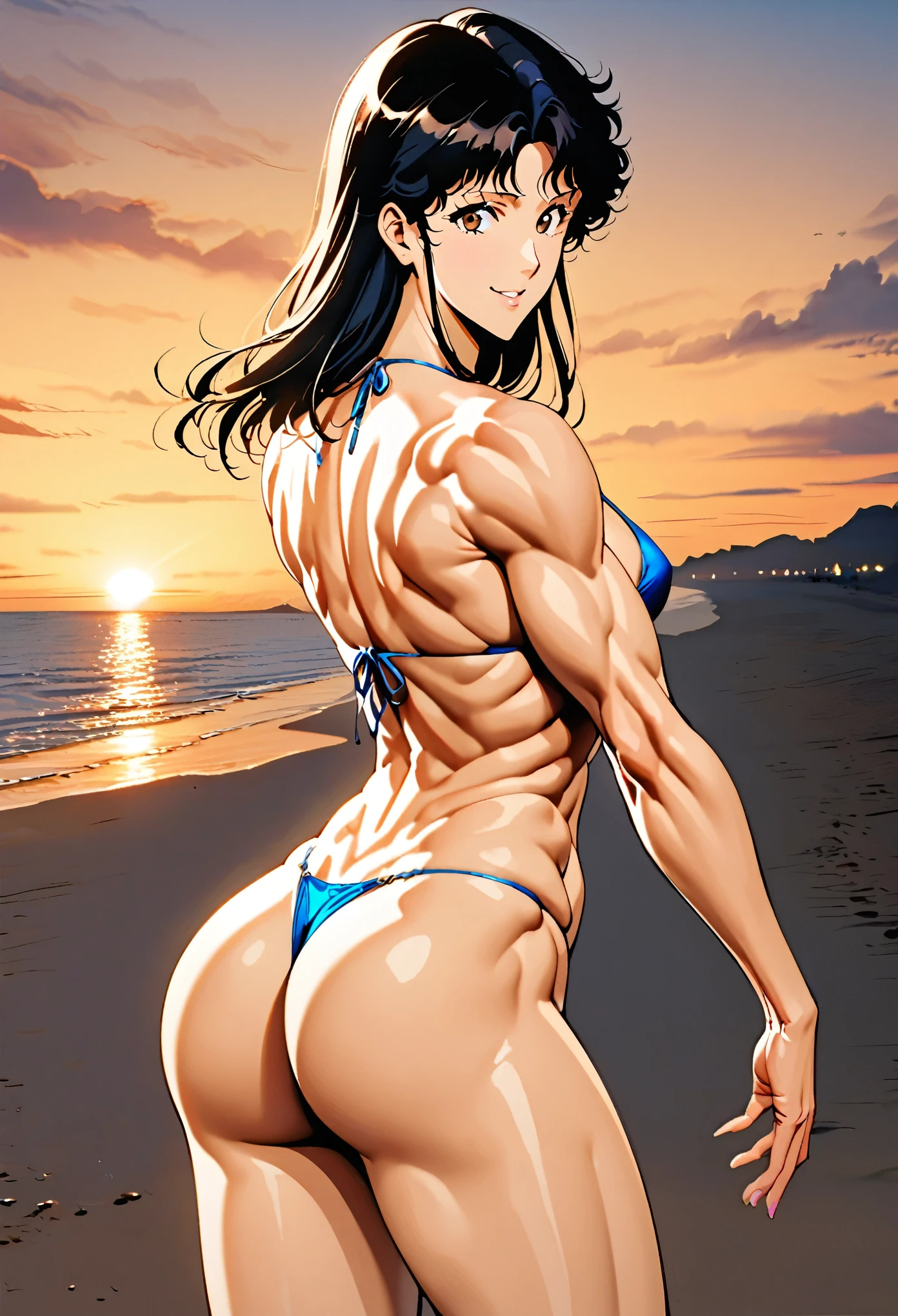 one  26 years old, hitomi kisugi, azure tiny  , standing tall and dominant, self confident ,smile, superb, sensual, ((fit and trained body with well defined muscles)), posing , dark haired, strong, long legged , beach, teasing, sunset, beautiful face, slender, sculpted muscles, view from the back