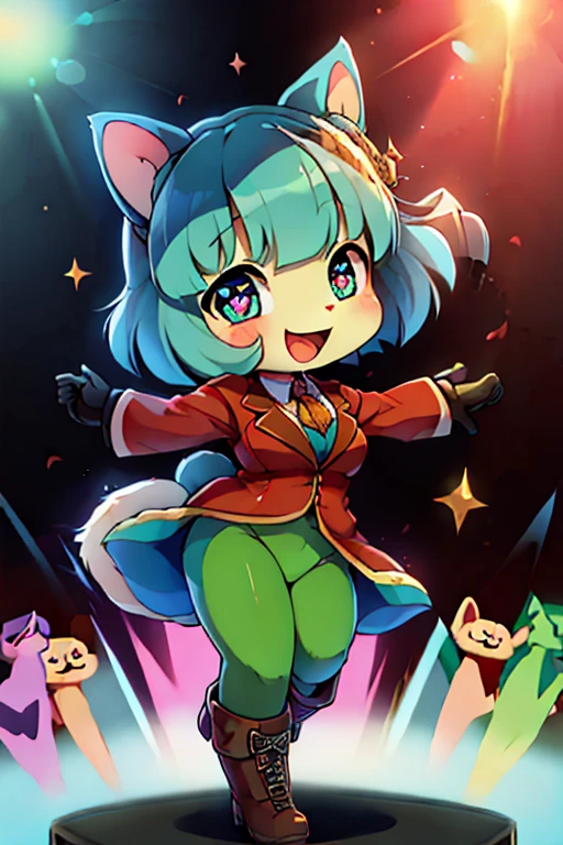 2boys, green tights squirrel, blue tights cat, furry, bodyfur, blazer, bottomless, gloves, boots, chibi, sparkling eyes, idol, dancing, singing
